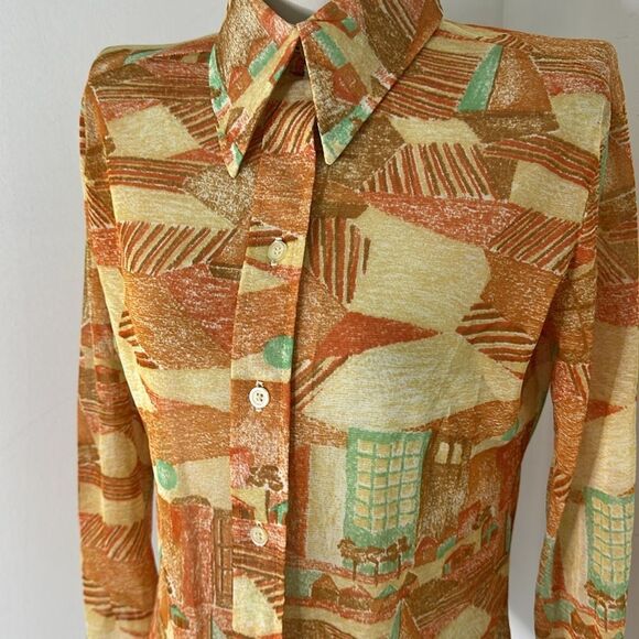 Vintage 70s Sailboat Sunrise Dagger Collar Disco Blouse - Picture 3 of 8